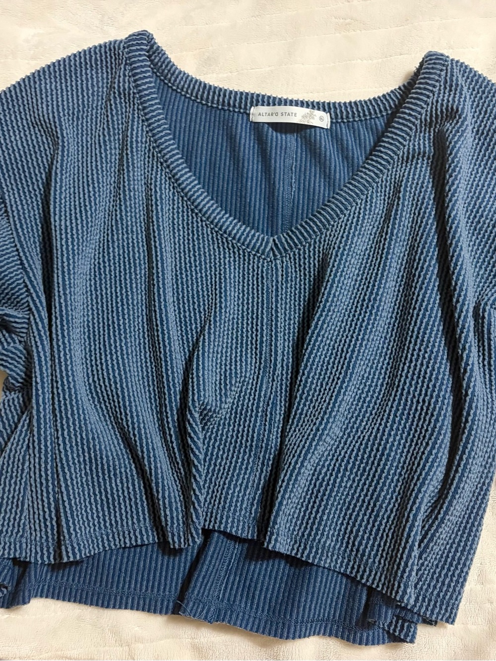 Altar'd State Blue Ribbed V-Neck Short Sleeve Top